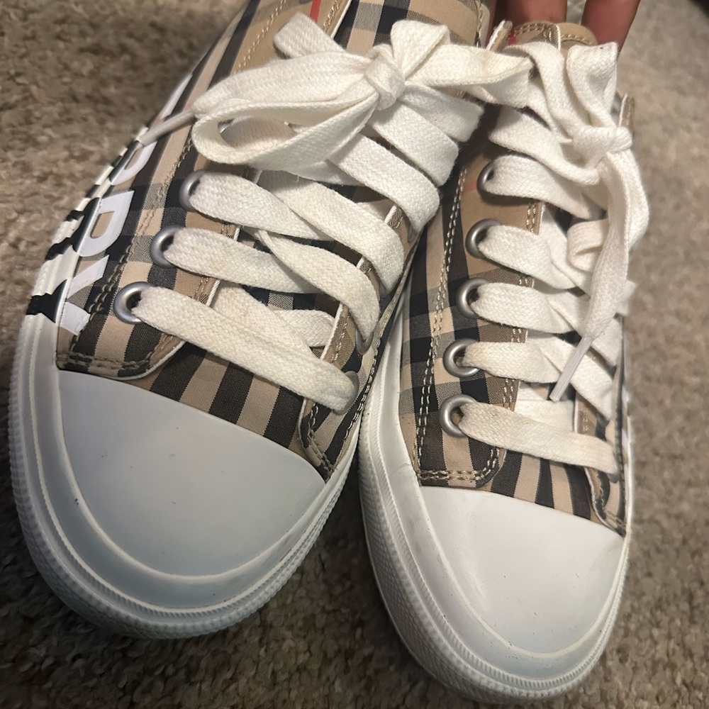 Burberry Beige and Black Check Sneakers